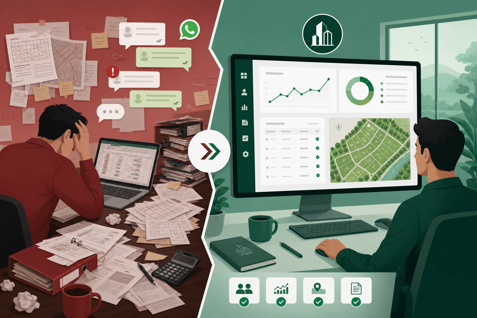 Avant : stress et Excel — Après : promoteur serein avec TerraSwiftFlow